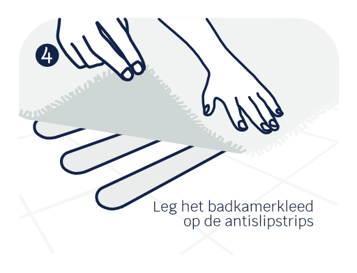 Illustratie van twee handen die de badmat op de antislipstrip plaatsen