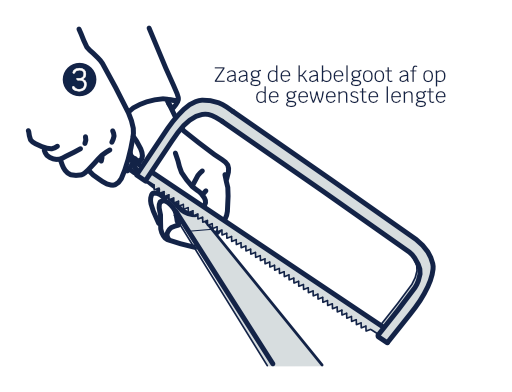 Illustratie van twee handen met een handzaag die de kabelgoot zagen